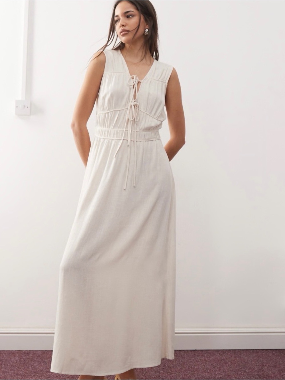 RECLAIMED VINTAGE Cream Sleeveless Maxi Dress with V-Neck